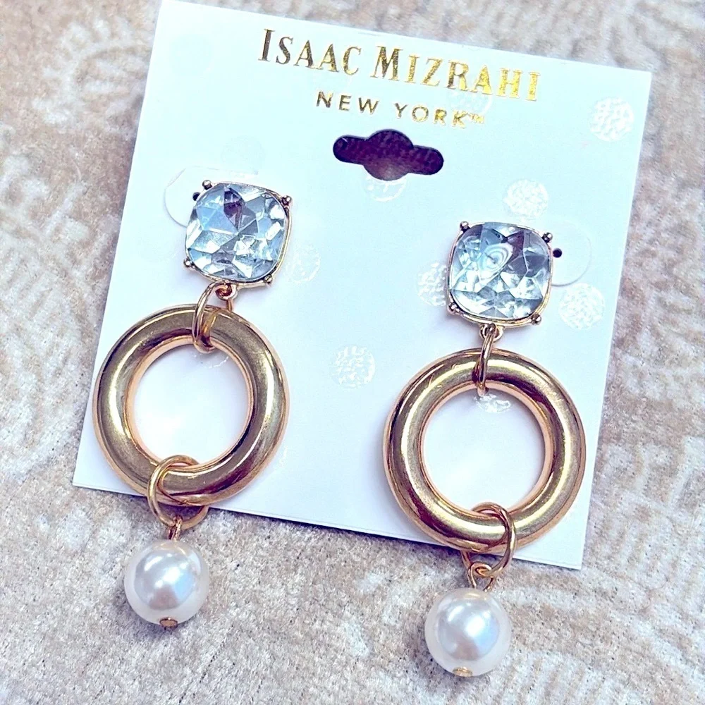 Brand New Isaac Mizrahi Large Rhinestone Gold Tone Round Faux Pearl Drop Earring
